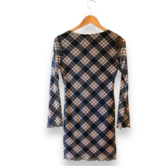 Primark Y2K Plaid Bodycon Mesh Mini Dress Empire Waist Flare Sleeves Size 4 - Picture 11 of 11